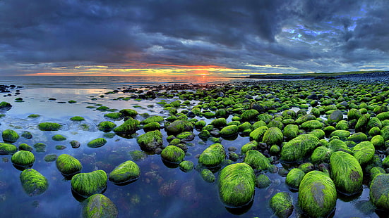 Wallpaper Islandia Hd Mossy Rocks Sunset Beach Wallpaper Alam Hd, Wallpaper HD HD wallpaper