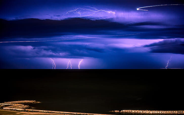 Silent storm, lightning, thunderbolt, thunder, storm, sea, HD wallpaper