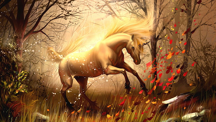 природа, лошадь, единорог, дерево, фэнтези, произведения искусства, искусство, мифология, трава, живопись, осень, ветка, HD обои