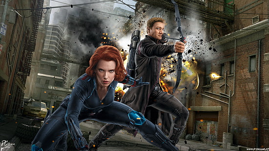 Marvel Hawkeye and Black Widow, 어벤져 스, 어벤져 스 : 에이지 오브 울 트론, 어벤져 스, 블랙 위도우, 팬 아트, Hawkeye, Scarlett Johansson, HD 배경 화면 HD wallpaper
