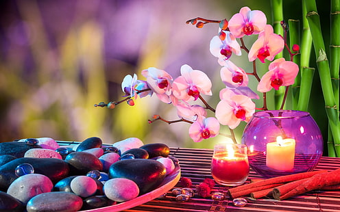 орхидеи, свечи, камни, медитации, отдых, бамбук, цветы, HD обои HD wallpaper