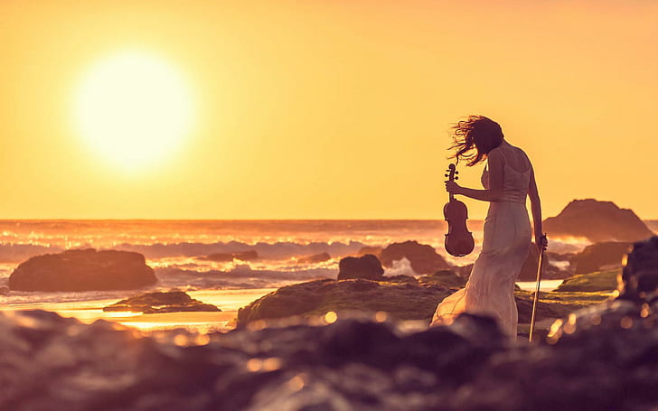 นักไวโอลินซัมเมอร์บีชซันเซ็ทดนตรีนักไวโอลินฤดูร้อนชายหาดพระอาทิตย์ตก, วอลล์เปเปอร์ HD