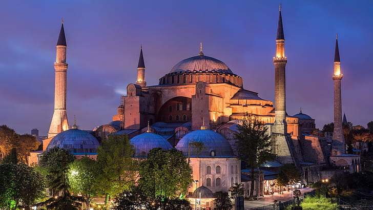 ориентир, историческое место, вечер, туристическая достопримечательность, мечеть, византийская архитектура, сумерки, место поклонения, туризм, ночь, купол, объект всемирного наследия ЮНЕСКО, собор Святой Софии, Стамбул, Турция, HD обои