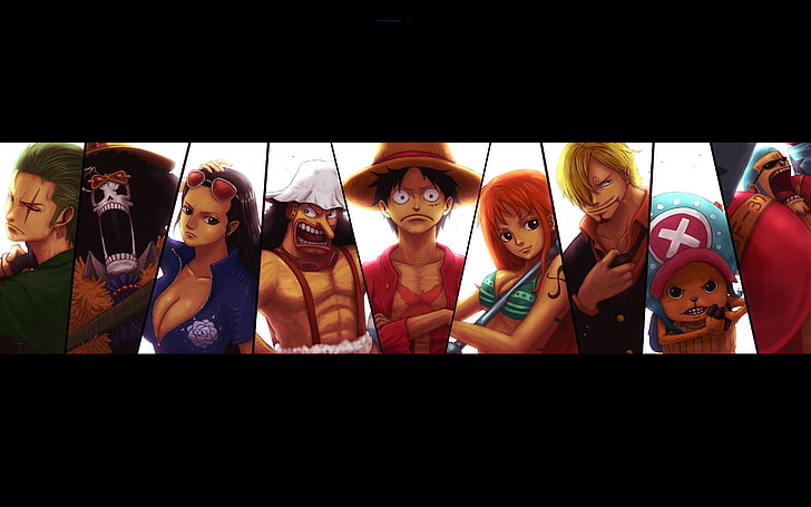 One Piece anime karaktär affisch, One Piece, Monkey D. Luffy, Roronoa Zoro, Nami, Brook, Usopp, Tony Tony Chopper, Nico Robin, Sanji, Franky, collage, HD tapet