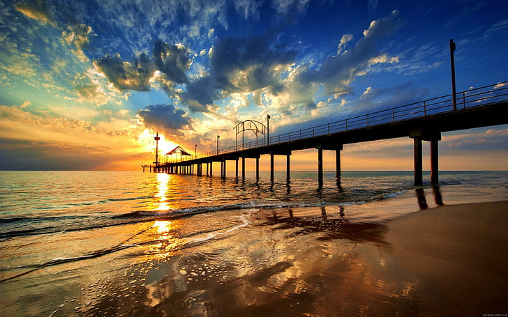 Jetty in the sunset, wooden dock, jetty, landscape, sunset, sea, beach, cloud, HD wallpaper