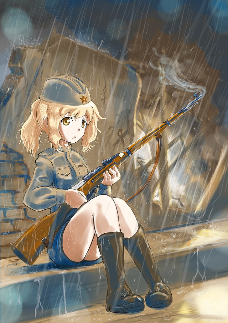 anime, anime girls, armor, weapon, gun, military, HD wallpaper