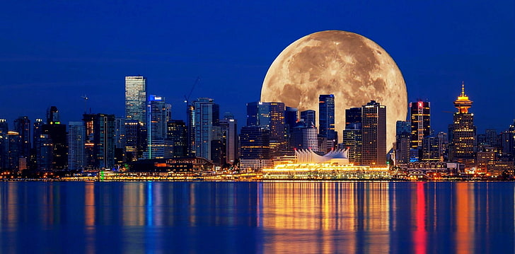 Gebäude, Stadtansicht, Landschaft, Mond, Nacht, Wolkenkratzer, Vancouver, Wasser, HD-Hintergrundbild