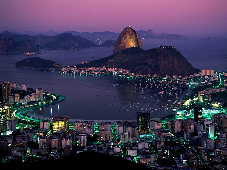 miasto, światła, wzgórza, woda, wybrzeże, morze, Rio de Janeiro, pejzaż miejski, Tapety HD