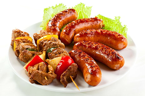 cooked meat and sausages, kebabs, sausages, herbs, plate, white background, HD wallpaper HD wallpaper