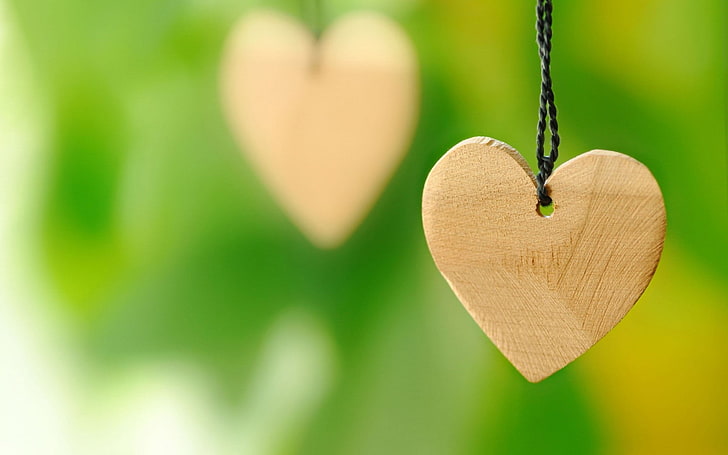 عن قرب قلب خشب الحب ، قلادة القلب البني ، الحب ، والأخضر ، والقلب ، والخشب، خلفية HD