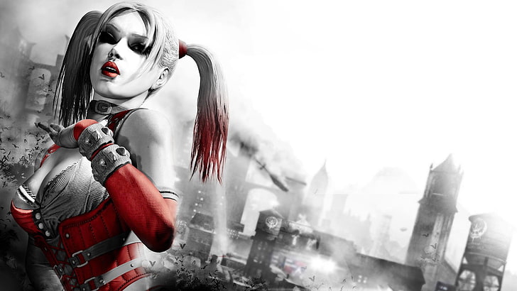 Plakat mit weiblicher Figur, Batman: Arkham City, Harley Quinn, Batman, Joker, DC Comics, digitale Kunst, HD-Hintergrundbild