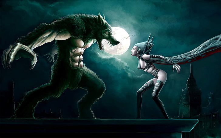 werewolf illustration, Dark, Battle, Vampire, Werewolf, Woman, HD wallpaper