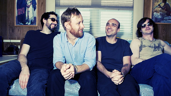 men's blue dress shirt, sunny day real estate, smile, band, couch, beard, HD wallpaper