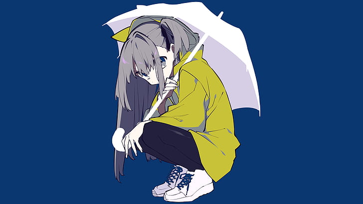 anime, manga, anime girls, simple background, blue, umbrella, grey hair, HD wallpaper