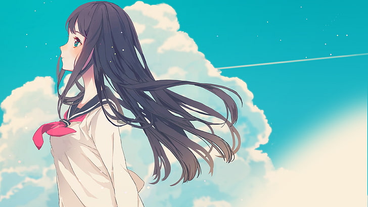 długie włosy, mundurek szkolny, chmury, niebo, rumieniec, anime girls, Tapety HD