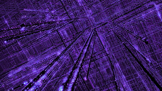 líneas púrpuras 3D luces, cuadrícula, púrpura, abstracto, brillante, 3D, blasfemia digital, 3D abstracto, Fondo de pantalla HD HD wallpaper