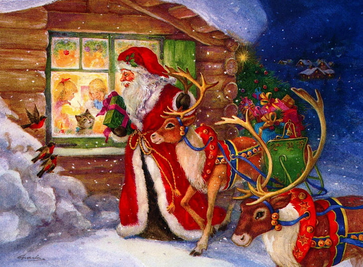 Santa Claus looking through the window painting, santa claus, reindeer, window, kids, gifts, holiday, christmas, birds, HD wallpaper