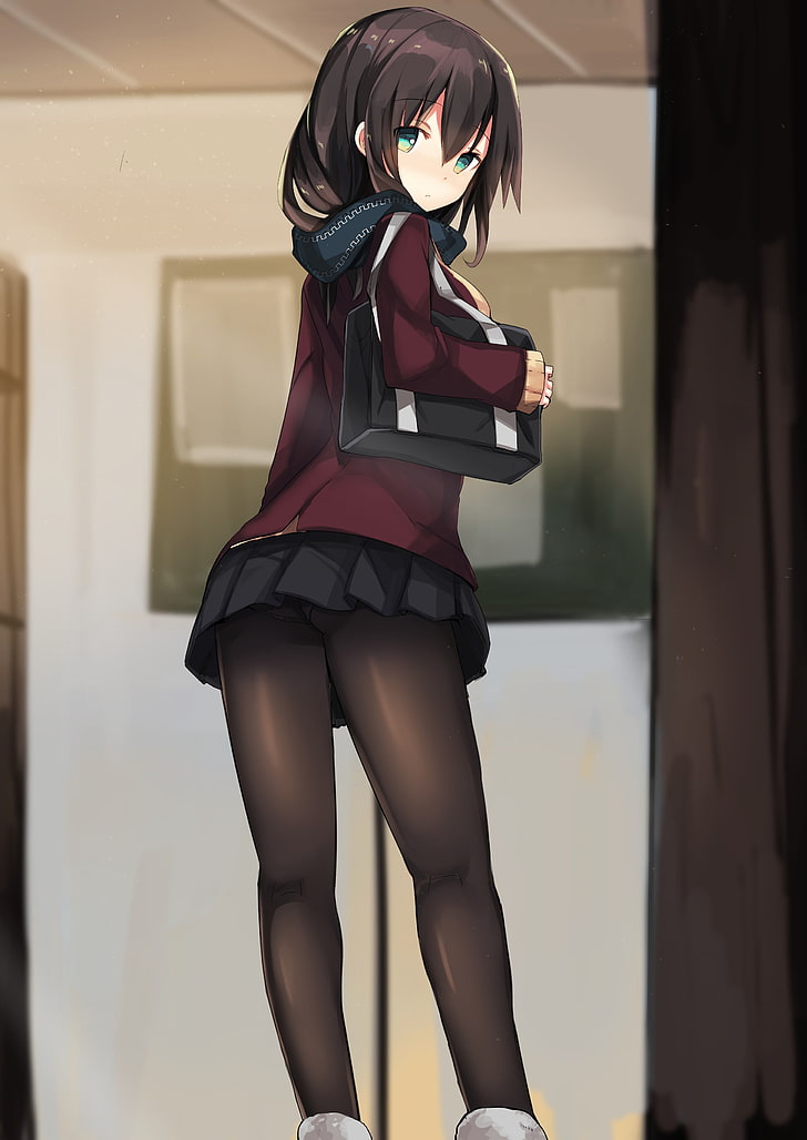 black haired girl illustration, anime girls, pantyhose, miniskirt, school uniform, long hair, brunette, panties, looking back, HD wallpaper