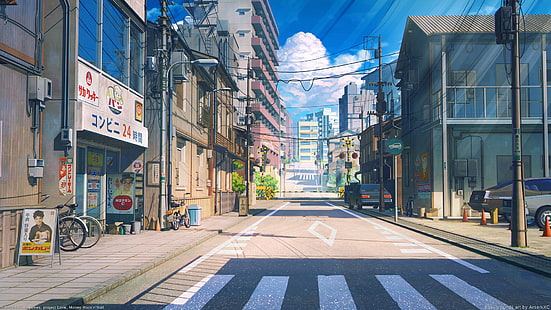 gray concrete pavement, Japan, Tokyo, street, building, bicycle, crosswalk, digital art, house, sign, clouds, sky, car, stores, HD wallpaper HD wallpaper