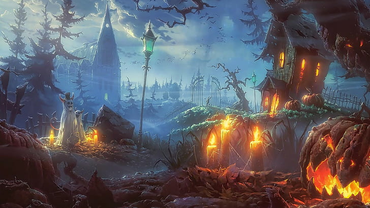 spooky, halloween, fantasy art, candles, churchyard, pumpkin, HD wallpaper