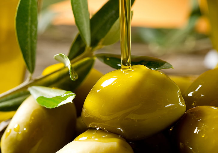 gelbe Früchte mit Öl, Bokeh, Öl, Faden, Oliven, HD-Hintergrundbild