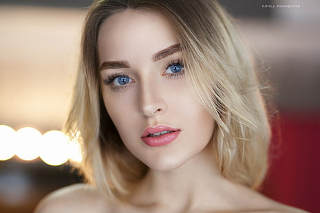 wanita, berambut pirang, wajah, mata biru, kedalaman bidang, Wallpaper HD HD wallpaper