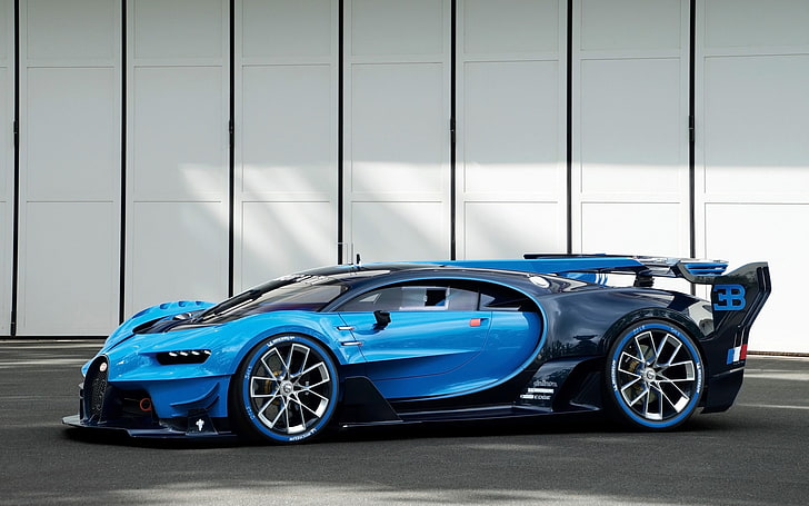 black and blue sports car, car, vehicle, blue cars, Bugatti Vision Gran Turismo, Bugatti Chiron, HD wallpaper