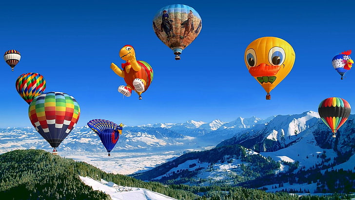 luftballong, luftballong, varmluftsballong, blå himmel, natur, himmel, flyg, dagtid, ballong, fritid, äventyr, roligt, landskap, Berner Alperna, Gantrisch naturpark, Schweiz, HD tapet