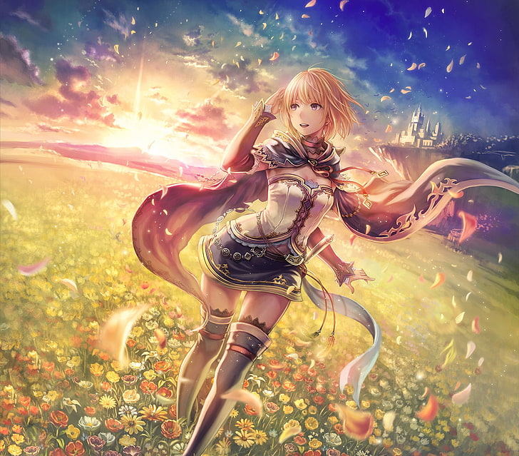 yellow haired female anime character illustration, untitled, flowers, anime girls, leaves, sunset, castle, thigh-highs, original characters, anime, HD wallpaper