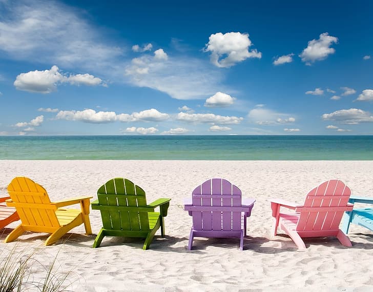 beach, deck chairs, shade, HD wallpaper