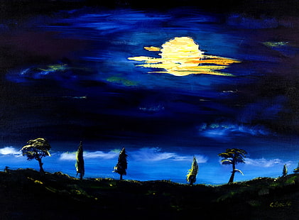 Toscany oljemålning blå natt, konstnärlig, teckningar, HD tapet HD wallpaper