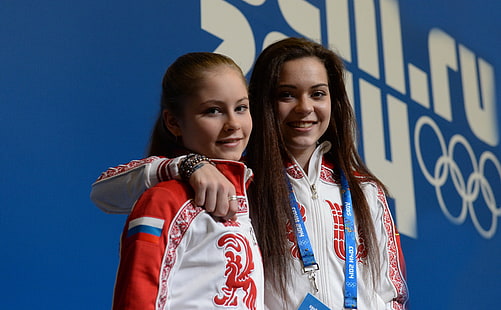 women's red and white jackets, figure skating, Russia, Sochi 2014, The XXII Winter Olympic Games, Yulia Lipnitskaya, Adelina Sotnikova, HD wallpaper HD wallpaper