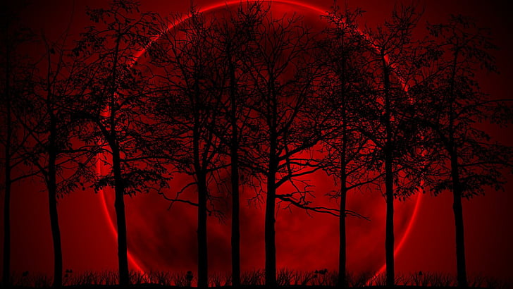 full moon, red, black, trees, night, fantasy, moon, red sky, silhouette, HD wallpaper