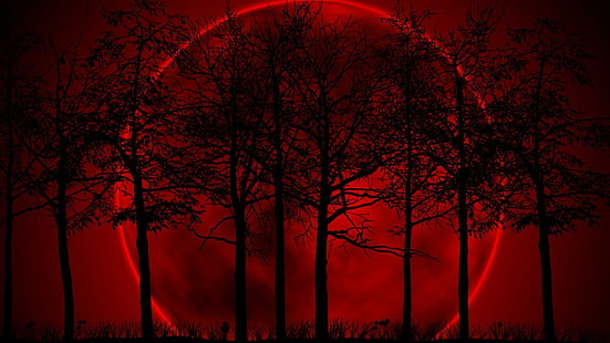 full moon, red, black, trees, night, fantasy, moon, red sky, silhouette, HD wallpaper HD wallpaper