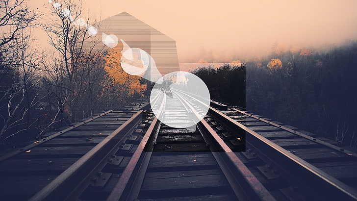 schwarze und braune Eisenbahnschienen, schwarze Eisenbahn, Zusammenfassung, Eisenbahn, Fall, polyscape, Filter, digitale Kunst, HD-Hintergrundbild