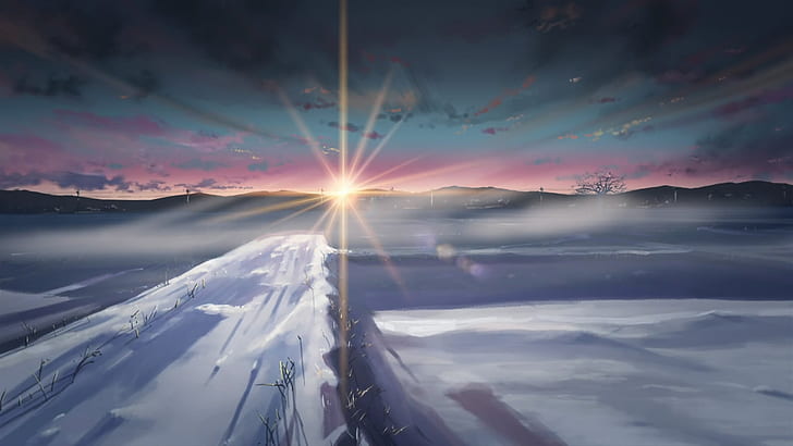 neige d'hiver makoto shinkai lumière du soleil 5 centimètres par seconde Nature Seasons HD Art, hiver, neige, lumière du soleil, 5 centimètres par seconde, Makoto Shinkai, Fond d'écran HD