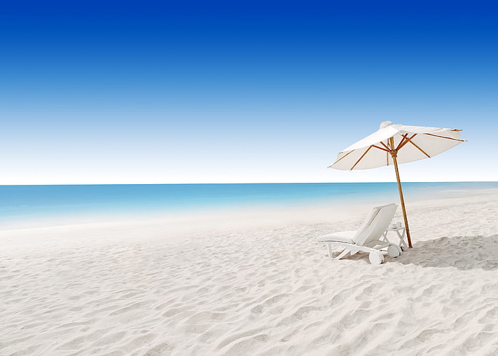 biały parasol i leżak, morze, plaża, leżak, Tapety HD
