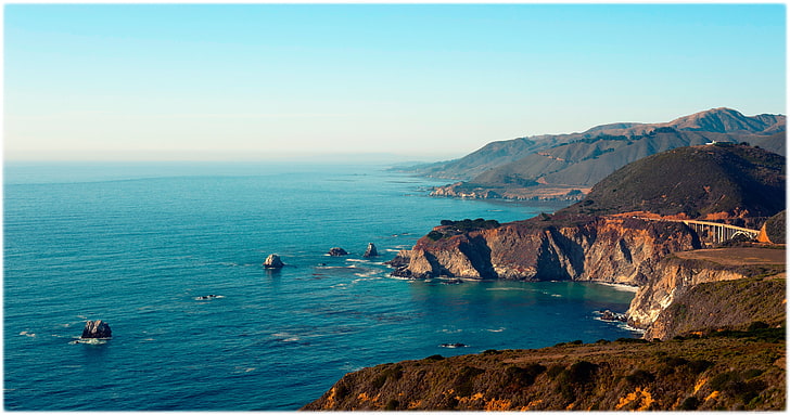 Big Sur, Kalifornien, Hügel, CA, Klippen, Bucht, Big Sur, die Bixby-Brücke, Nadelwälder, atemberaubende Landschaft, Pazifikküste, HD-Hintergrundbild