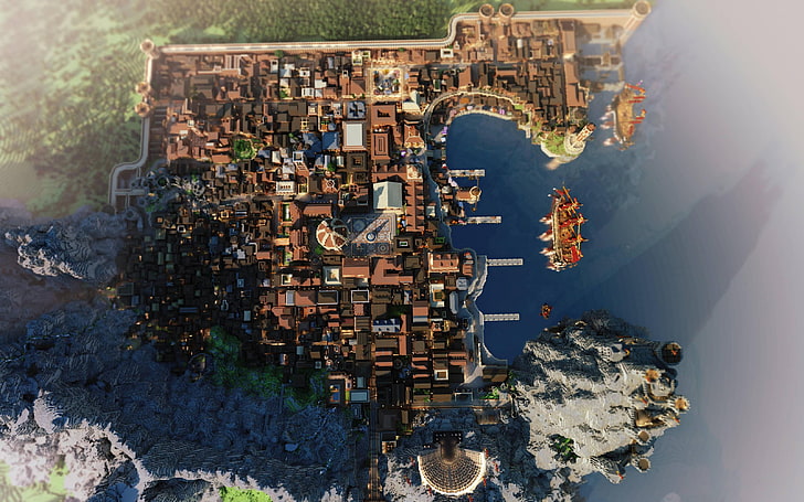 foto udara desa dekat badan air, seni digital, kota, pemandangan elang, Minecraft, westeroscraft.com, Wallpaper HD