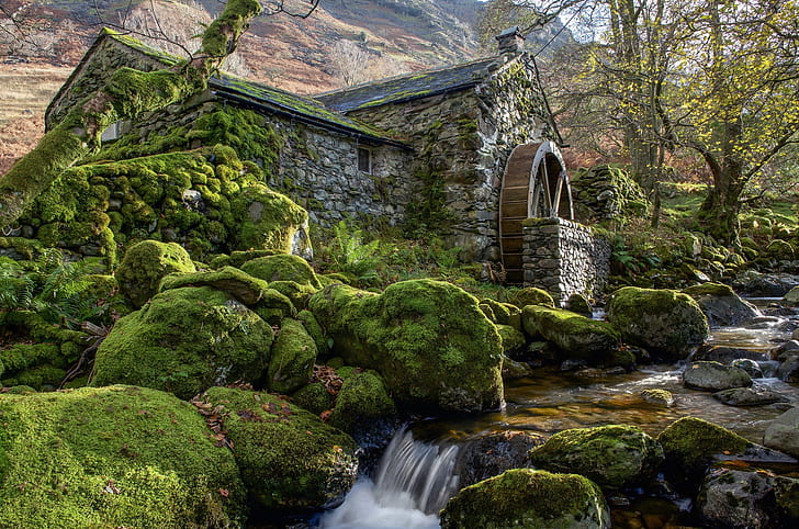 house, stream, stones, moss, river, water mill, HD wallpaper