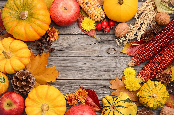 autumn, leaves, background, colorful, harvest, pumpkin, maple, wood, HD wallpaper