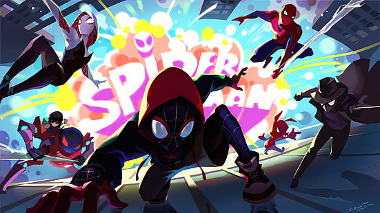 Film, Spider-Man: Into The Spider-Verse, Gwen Stacy, Miles Morales, Peni Parker, Spider-Ham, Spider-Man, Spider-Man Noir, Fond d'écran HD HD wallpaper