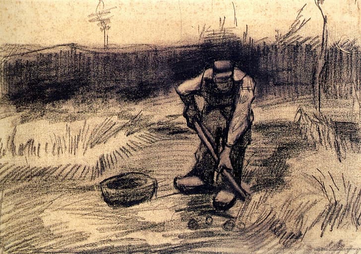 pracujący, Vincent van Gogh, Chłop, Podnoszenie Ziemniaków, Tapety HD