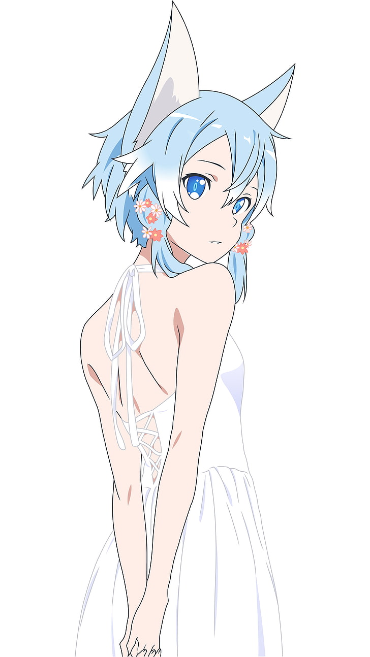 blue-haired woman wearing white dress illustration, Sinon (Sword Art Online), Sword Art Online, neko ears, cat ears, anime, anime girls, portrait display, HD wallpaper