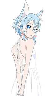 niebieskowłosa kobieta ubrana w białą sukienkę ilustrację, Sinon (Sword Art Online), Sword Art Online, uszy neko, kocie uszy, anime, anime dziewczyny, wyświetlanie portretów, Tapety HD HD wallpaper