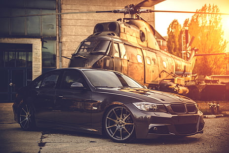 berlina nera BMW, BMW, E90, profonda concava, nera, elicottero, Sfondo HD HD wallpaper