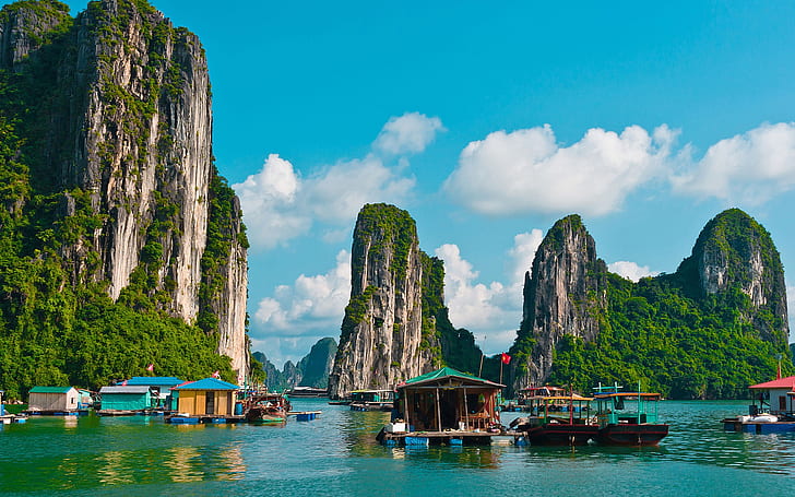 Travel to Vietnam, Halong Bay, boats, mountains, clouds, Travel, Vietnam, Halong, Bay, Boats, Mountains, Clouds, HD wallpaper