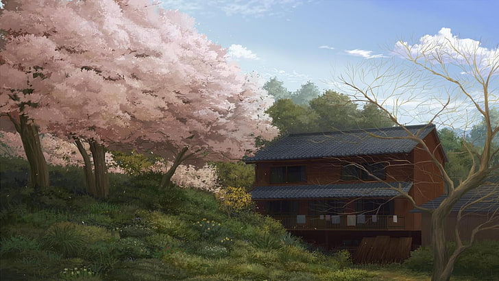 pink sakura trees near the wooden house painting, nature, drawing, trees, house, HD wallpaper