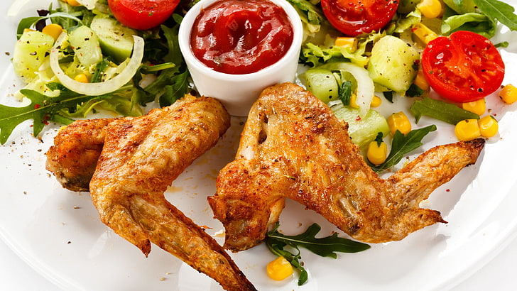 ayam goreng dengan saus dan irisan sayuran, makanan, ayam goreng, Wallpaper HD