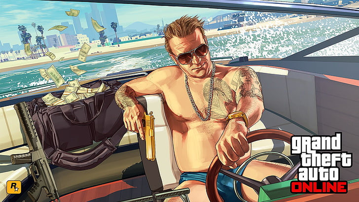 Grand Theft Auto V Çevrimiçi, Grand Theft Auto V, Grand Theft Auto V Çevrimiçi, tekne, para, silah, dövme, Rockstar Oyunları, HD masaüstü duvar kağıdı